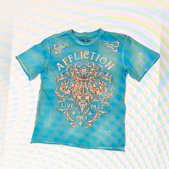 Affliction Teal Blue and Cream Kids Short Sleeve Crew Graphic Tee T-shirt M - Picture 1 of 2
